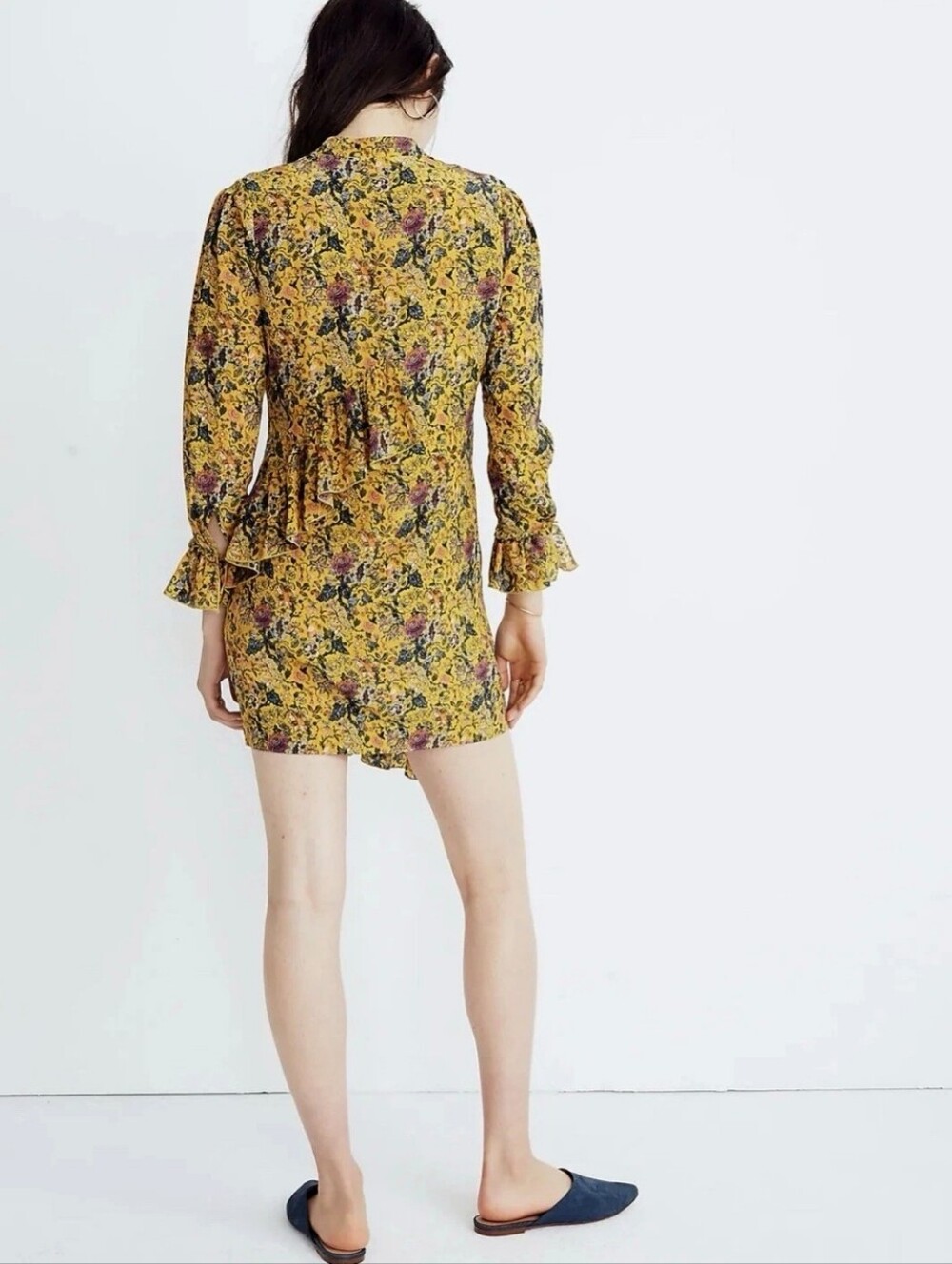Madewell X Karen Walker Dress Loretta Silk Yellow Floral Ruffle Shift - Picture 10 of 16